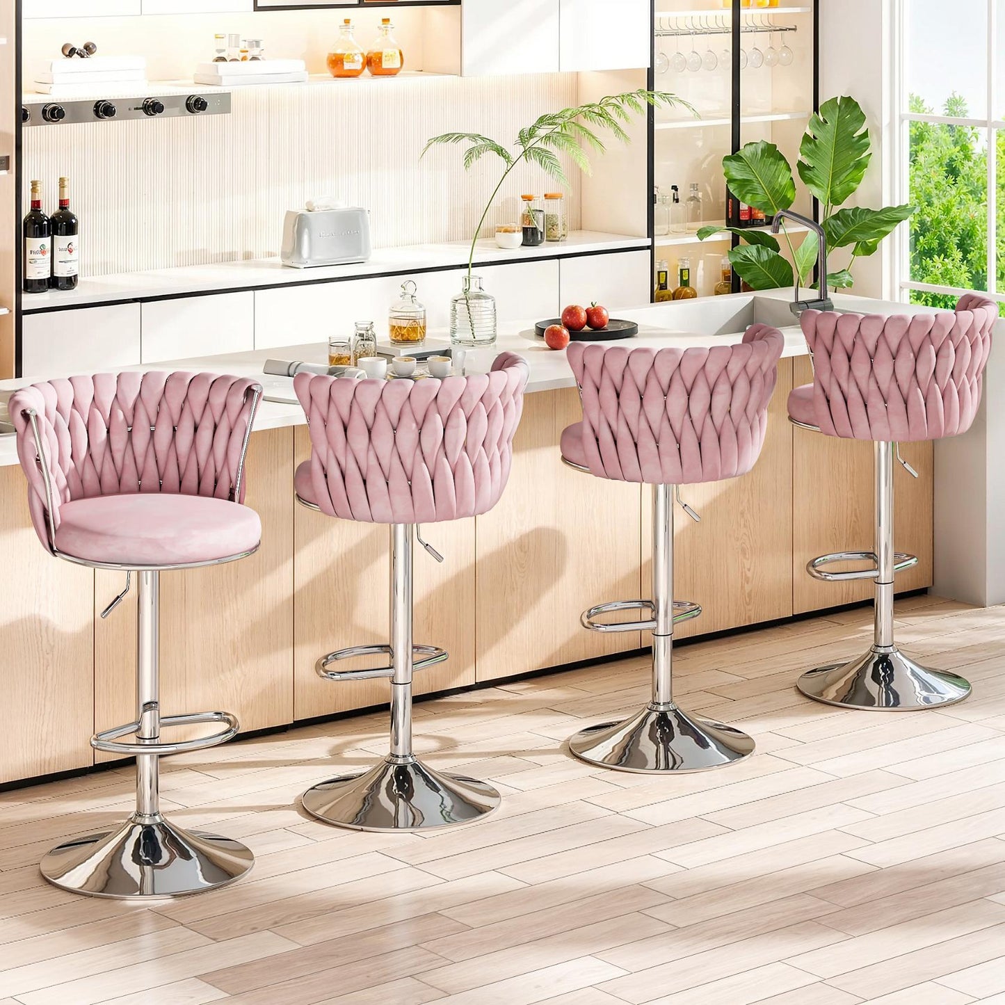 AWQM Velvet Bar Stools Set of 2,Counter Height Barstools Adjustable Kitchen Island Chairs,Swivel Barstool Upholstered Counter Bar Chairs with Back & Footrest