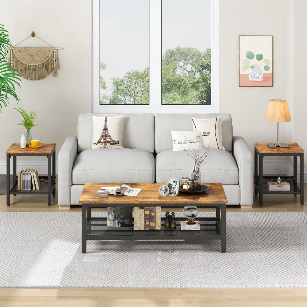 AWQM 3 Pieces Coffee Table Set, Industrial Coffee Table with 2 Square End Side Tables, Modern Living Room Table Set with Metal Frame for Apartment Home Office, Black