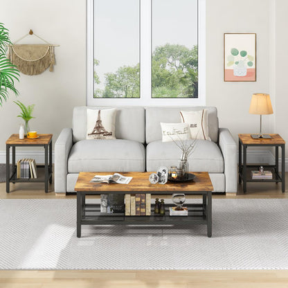 AWQM 3 Pieces Coffee Table Set, Industrial Coffee Table with 2 Square End Side Tables, Modern Living Room Table Set with Metal Frame for Apartment Home Office, Black