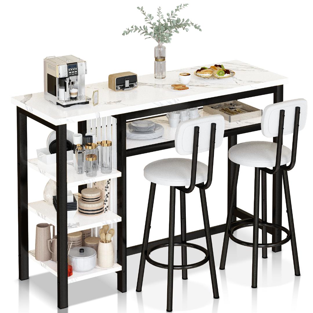 AWQM Bar Table and Chairs Set with Backrest for 2, Kitchen Counter Height Table Set with 4 Storage Shelves, Modern Pub Table with 2 PU Upholstered Stools for Kitchen, Dining Room, Rustic Brown+Black