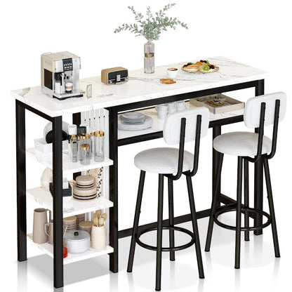 AWQM Bar Table and Chairs Set with Backrest for 2, Kitchen Counter Height Table Set with 4 Storage Shelves, Modern Pub Table with 2 PU Upholstered Stools for Kitchen, Dining Room, Rustic Brown+Black