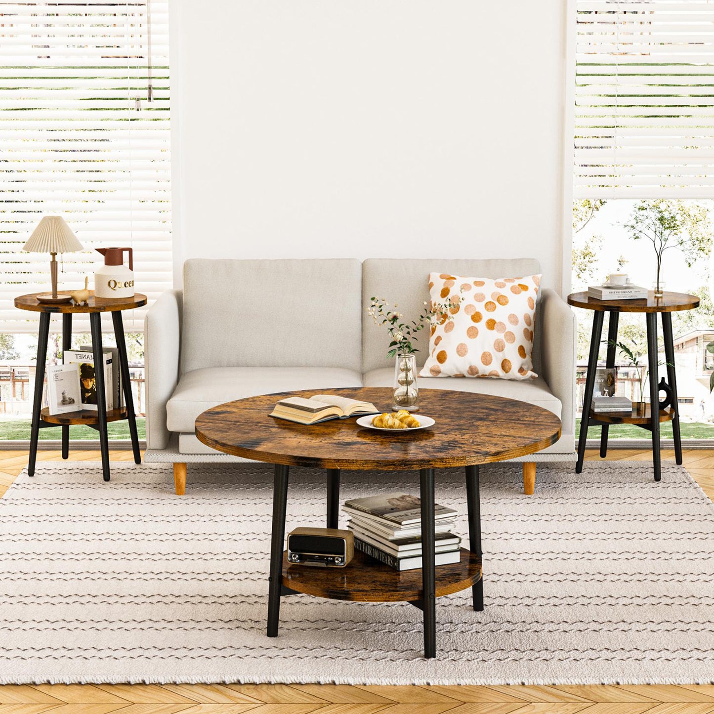 3piece Double Storage Round Coffee Table, Living Room Storage Table, Wood MDF Desktop and Metal Frame, Modern Style, Living Room/Bedroom.