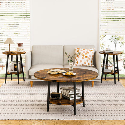 3piece Double Storage Round Coffee Table, Living Room Storage Table, Wood MDF Desktop and Metal Frame, Modern Style, Living Room/Bedroom.