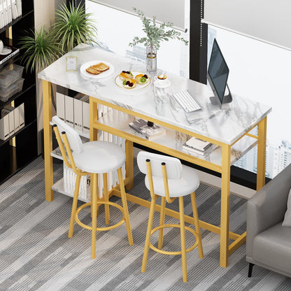 AWQM Bar Table and Chairs Set with Backrest for 2, Kitchen Counter Height Table Set with 4 Storage Shelves, Modern Pub Table with 2 PU Upholstered Stools for Kitchen, Dining Room, Rustic Brown+Black