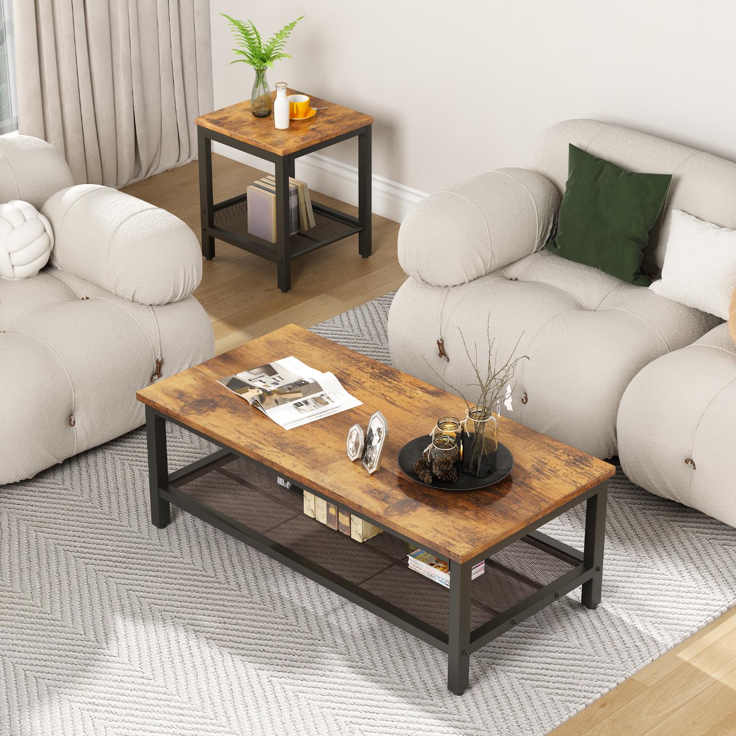 AWQM 3 Pieces Coffee Table Set, Industrial Coffee Table with 2 Square End Side Tables, Modern Living Room Table Set with Metal Frame for Apartment Home Office, Black