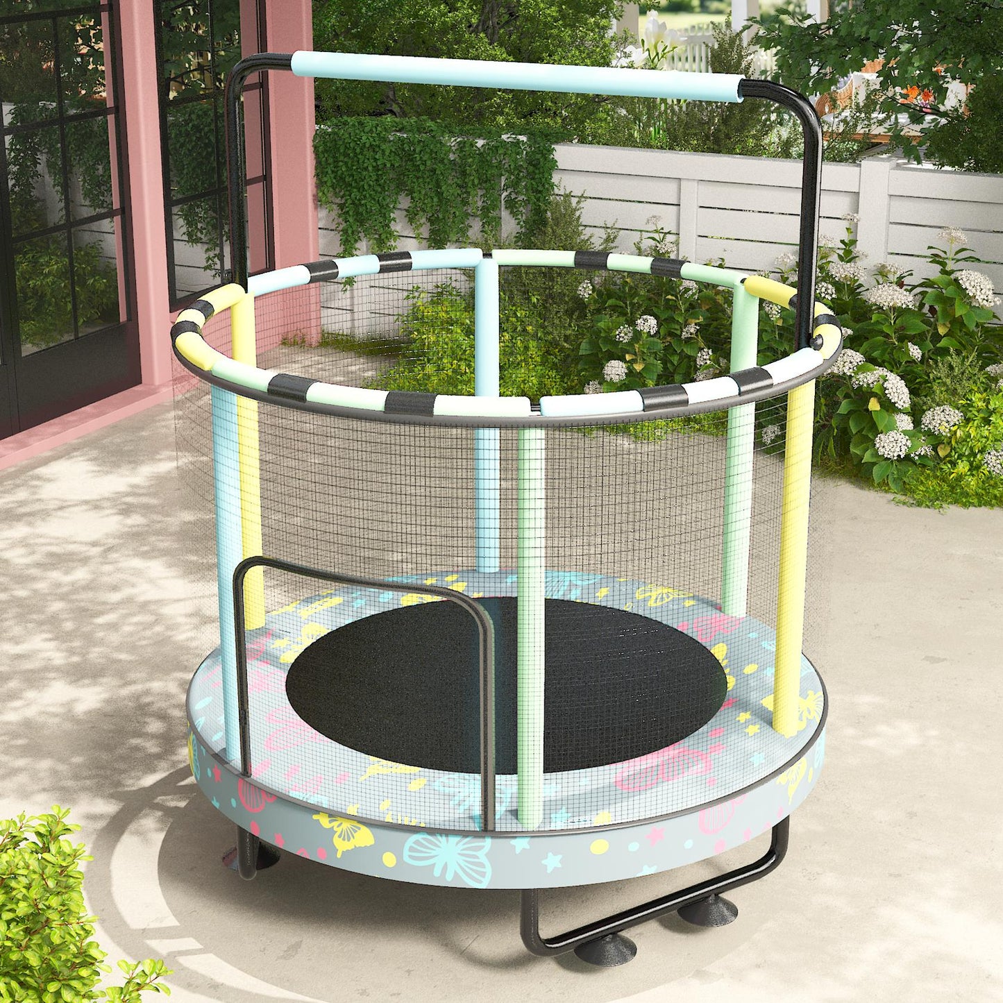 AWQM 55" 7-in-1 Round Trampoline for Kids Boys & Girls Ages 1-8, Indoor & Outdoor Trampoline for Fun, Adjustable Height Handrail ＆ Enclosed Safety Net ＆ Durable Designs for Toddlers Children