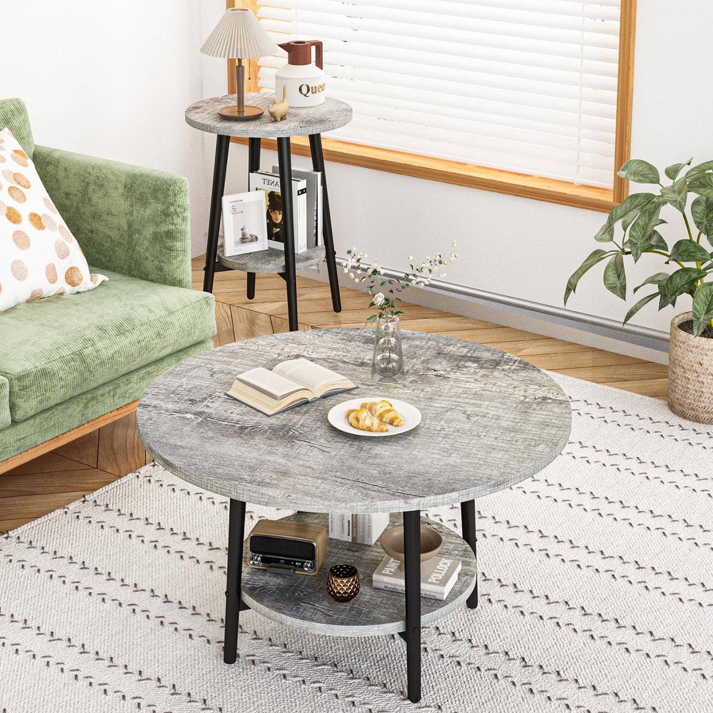3piece Double Storage Round Coffee Table, Living Room Storage Table, Wood MDF Desktop and Metal Frame, Modern Style, Living Room/Bedroom.