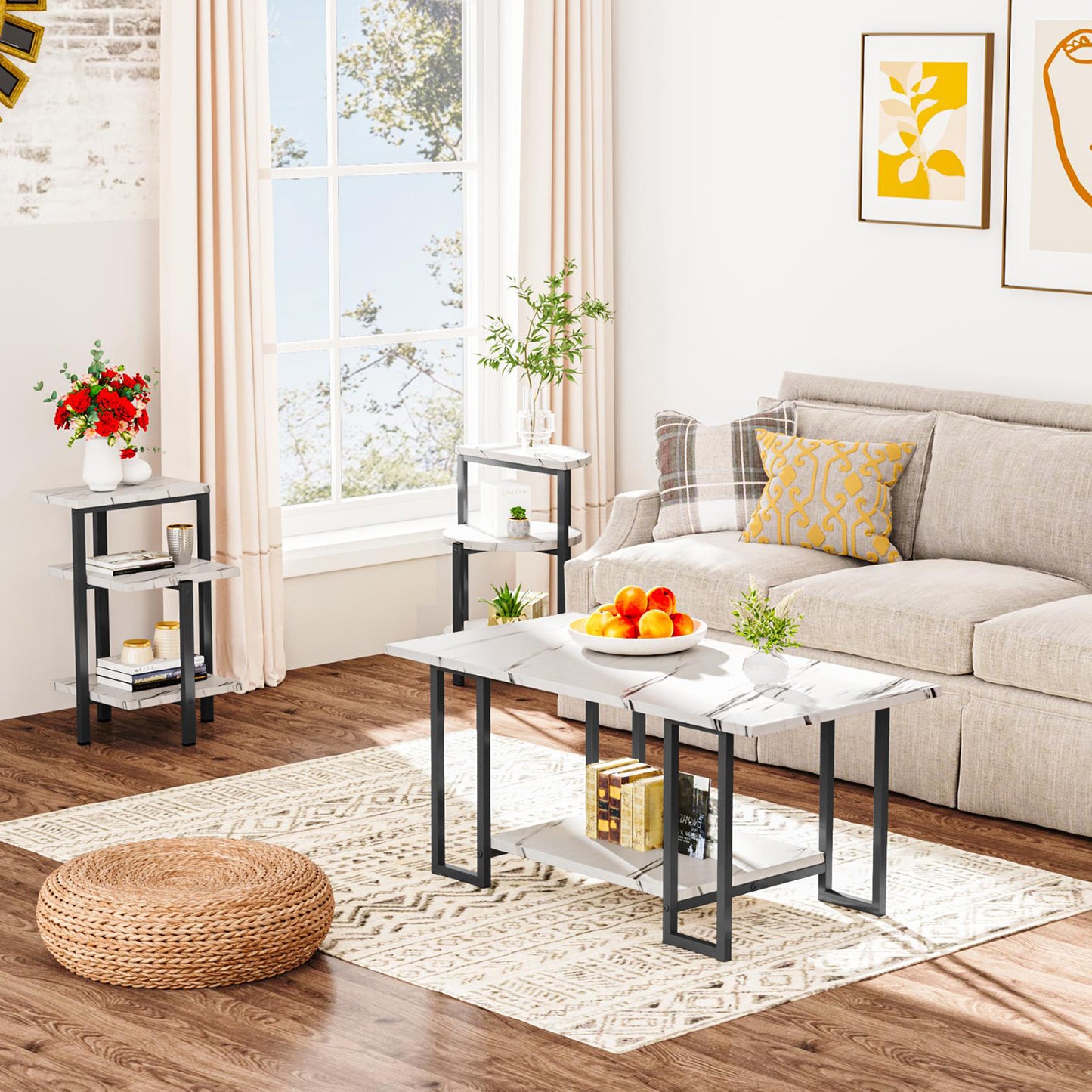 AWQM Faux Marble Table Set,Coffee Table & 2 Side Table, Faux Marble Tabletop and Metal Frame, 3 Piece Table Sets, for Living Room Apartment