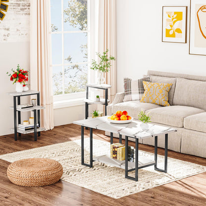 AWQM Faux Marble Table Set,Coffee Table & 2 Side Table, Faux Marble Tabletop and Metal Frame, 3 Piece Table Sets, for Living Room Apartment