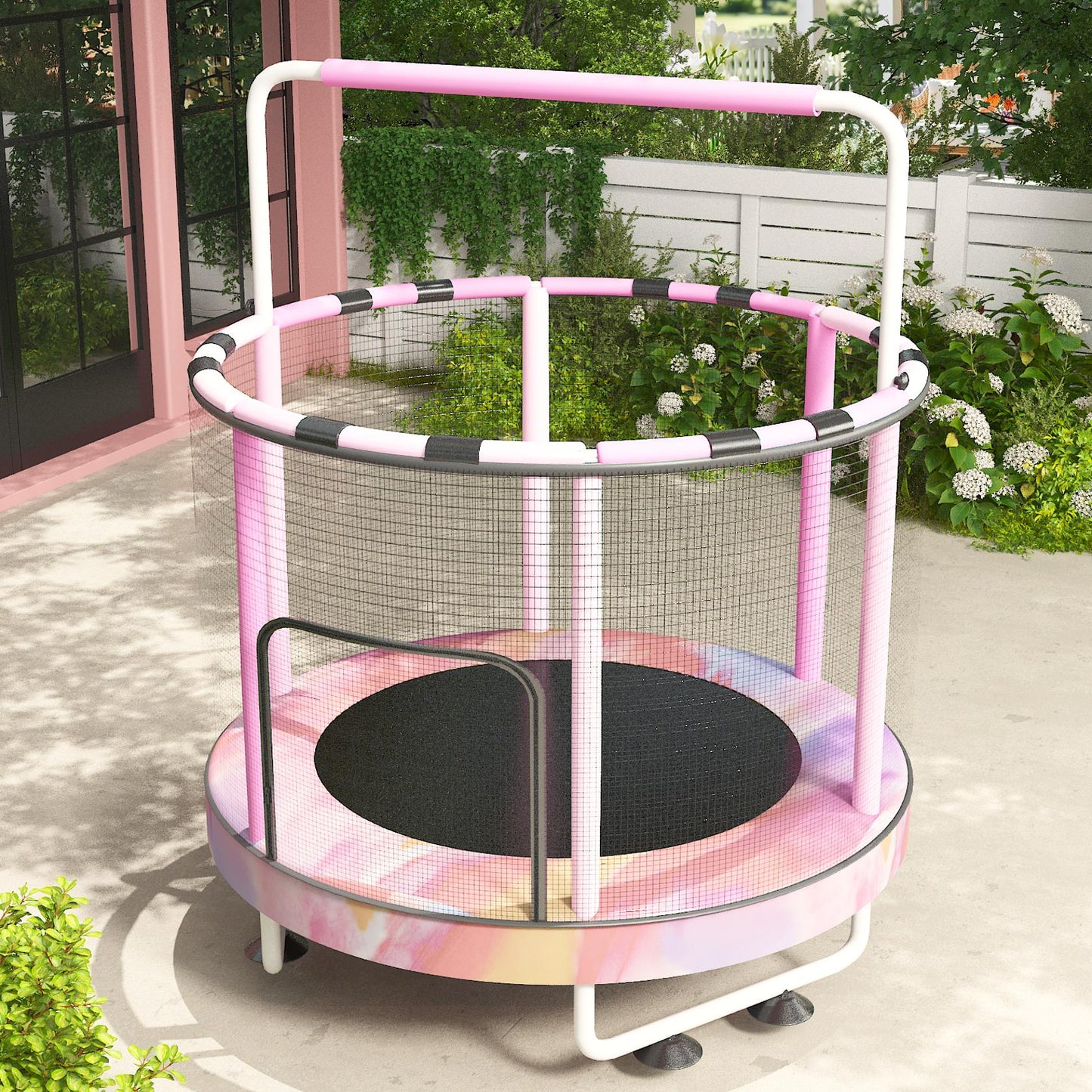 AWQM 55" 7-in-1 Round Trampoline for Kids Boys & Girls Ages 1-8, Indoor & Outdoor Trampoline for Fun, Adjustable Height Handrail ＆ Enclosed Safety Net ＆ Durable Designs for Toddlers Children