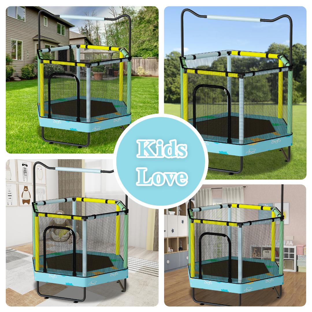 AWQM 55" Hexagon Trampoline, Indoor/Outdoor Trampoline, Safety Enclosure Net and Adjustable Handrail, 500lbs Capacity, 7-in-1
