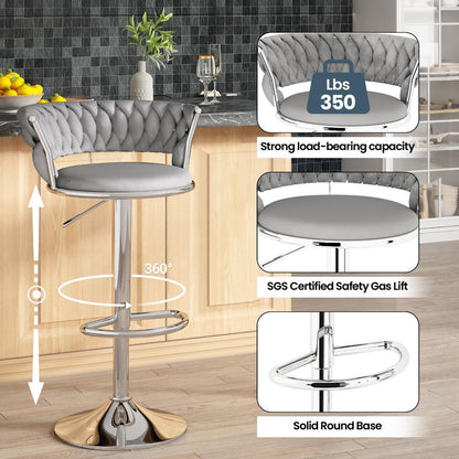 AWQM Velvet Bar Stools Set of 2 - Adjustable Height Swivel Kitchen Stools with Low Back for Dining Room, Breakfast Bar, Home Decor, and Entertaining Guests