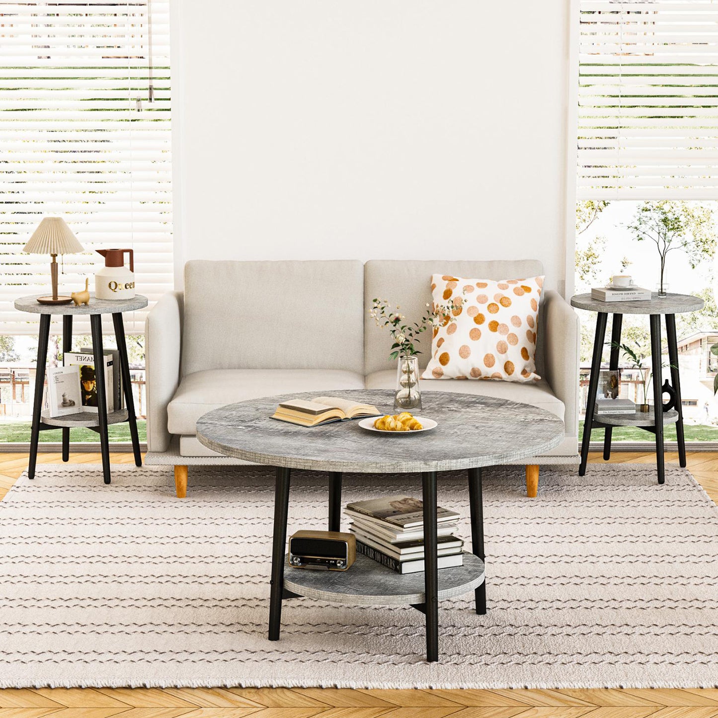 3piece Double Storage Round Coffee Table, Living Room Storage Table, Wood MDF Desktop and Metal Frame, Modern Style, Living Room/Bedroom.