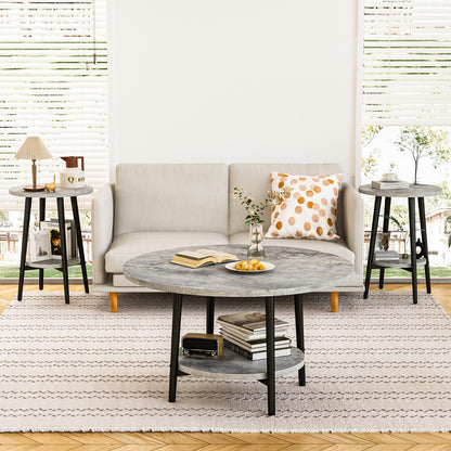 3piece Double Storage Round Coffee Table, Living Room Storage Table, Wood MDF Desktop and Metal Frame, Modern Style, Living Room/Bedroom.