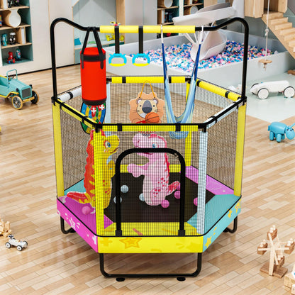 AWQM 55" Hexagon Trampoline, Indoor/Outdoor Trampoline, Safety Enclosure Net and Adjustable Handrail, 500lbs Capacity, 7-in-1