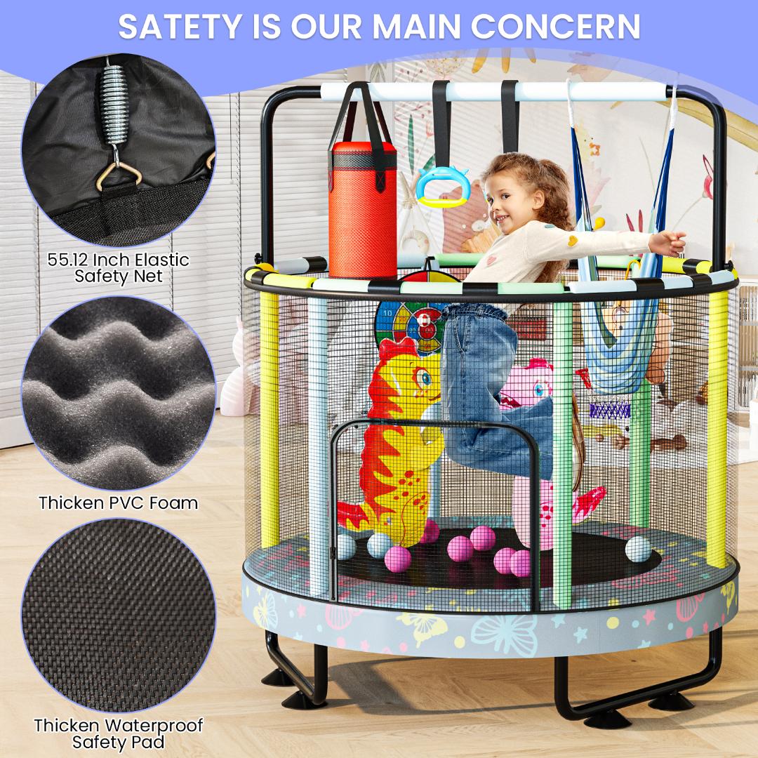 AWQM 55" 7-in-1 Round Trampoline for Kids Boys & Girls Ages 1-8, Indoor & Outdoor Trampoline for Fun, Adjustable Height Handrail ＆ Enclosed Safety Net ＆ Durable Designs for Toddlers Children