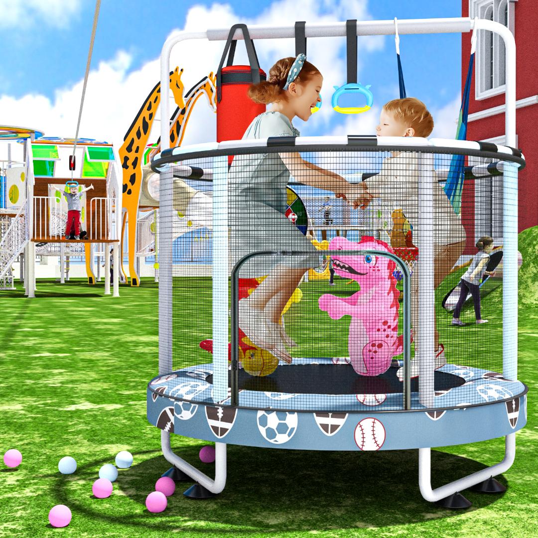 AWQM 55" 7-in-1 Round Trampoline for Kids Boys & Girls Ages 1-8, Indoor & Outdoor Trampoline for Fun, Adjustable Height Handrail ＆ Enclosed Safety Net ＆ Durable Designs for Toddlers Children