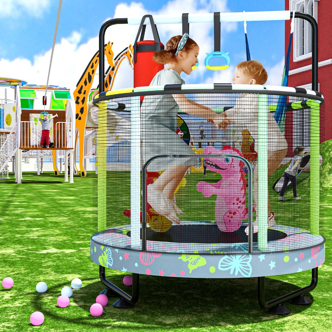AWQM 55" 7-in-1 Round Trampoline for Kids Boys & Girls Ages 1-8, Indoor & Outdoor Trampoline for Fun, Adjustable Height Handrail ＆ Enclosed Safety Net ＆ Durable Designs for Toddlers Children