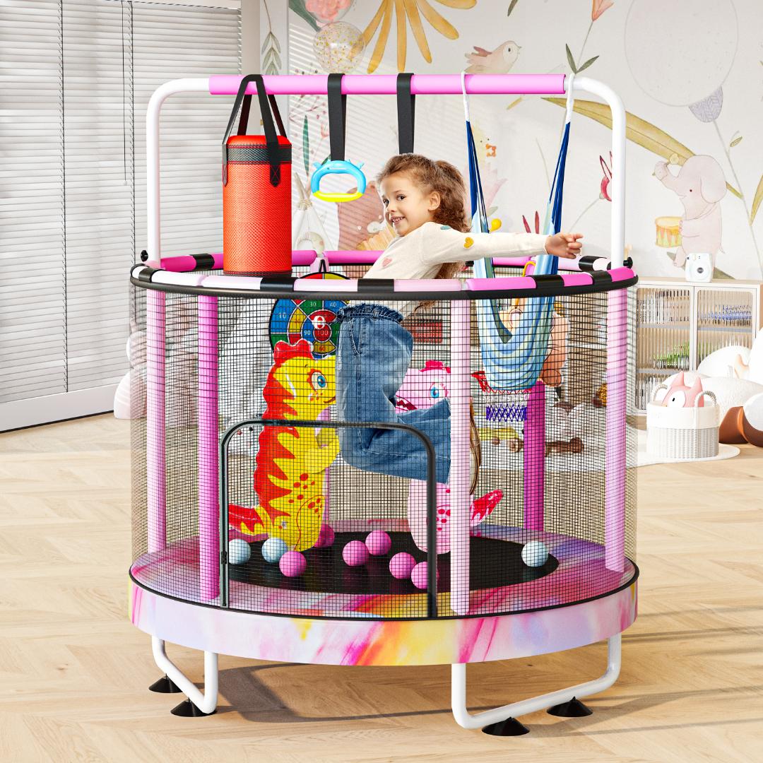 AWQM 55" 7-in-1 Round Trampoline for Kids Boys & Girls Ages 1-8, Indoor & Outdoor Trampoline for Fun, Adjustable Height Handrail ＆ Enclosed Safety Net ＆ Durable Designs for Toddlers Children