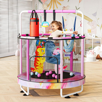 AWQM 55" 7-in-1 Round Trampoline for Kids Boys & Girls Ages 1-8, Indoor & Outdoor Trampoline for Fun, Adjustable Height Handrail ＆ Enclosed Safety Net ＆ Durable Designs for Toddlers Children