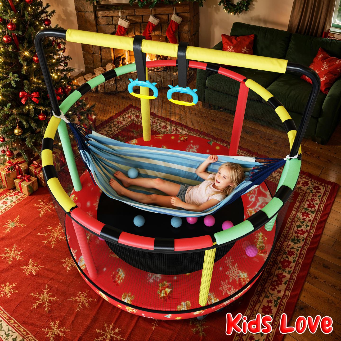 AWQM 55" 7-in-1 Round Trampoline for Kids Boys & Girls Ages 1-8, Indoor & Outdoor Trampoline for Fun, Adjustable Height Handrail ＆ Enclosed Safety Net ＆ Durable Designs for Toddlers Children