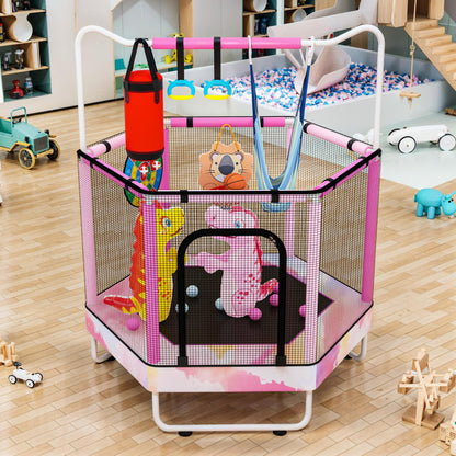 AWQM 55" Hexagon Trampoline, Indoor/Outdoor Trampoline, Safety Enclosure Net and Adjustable Handrail, 500lbs Capacity, 7-in-1