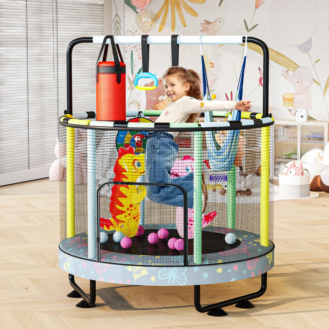 AWQM 55" 7-in-1 Round Trampoline for Kids Boys & Girls Ages 1-8, Indoor & Outdoor Trampoline for Fun, Adjustable Height Handrail ＆ Enclosed Safety Net ＆ Durable Designs for Toddlers Children