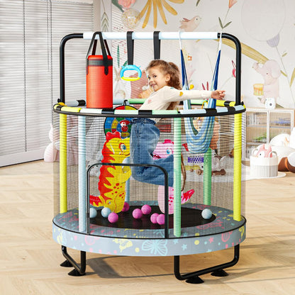 AWQM 55" 7-in-1 Round Trampoline for Kids Boys & Girls Ages 1-8, Indoor & Outdoor Trampoline for Fun, Adjustable Height Handrail ＆ Enclosed Safety Net ＆ Durable Designs for Toddlers Children