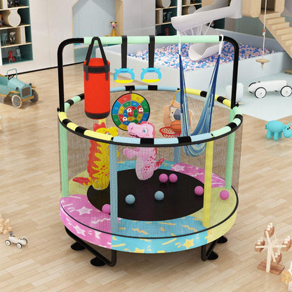 AWQM 55" 7-in-1 Round Trampoline for Kids Boys & Girls Ages 1-8, Indoor & Outdoor Trampoline for Fun, Adjustable Height Handrail ＆ Enclosed Safety Net ＆ Durable Designs for Toddlers Children