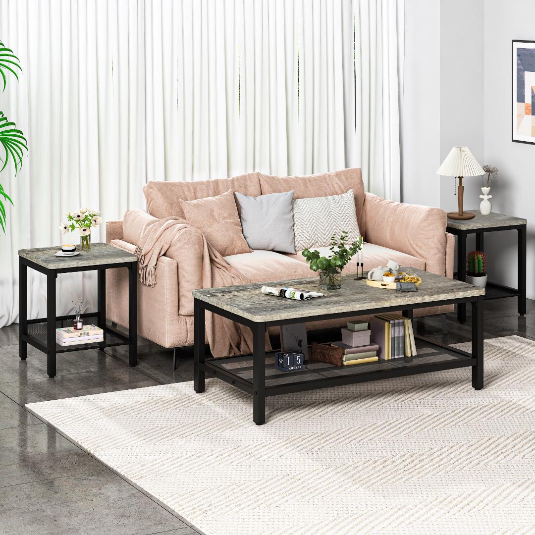 AWQM 3 Pieces Coffee Table Set, Industrial Coffee Table with 2 Square End Side Tables, Modern Living Room Table Set with Metal Frame for Apartment Home Office, Black