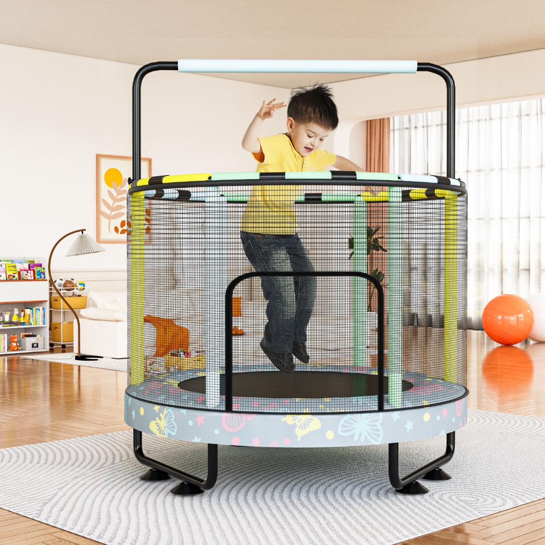 AWQM 55" 7-in-1 Round Trampoline for Kids Boys & Girls Ages 1-8, Indoor & Outdoor Trampoline for Fun, Adjustable Height Handrail ＆ Enclosed Safety Net ＆ Durable Designs for Toddlers Children