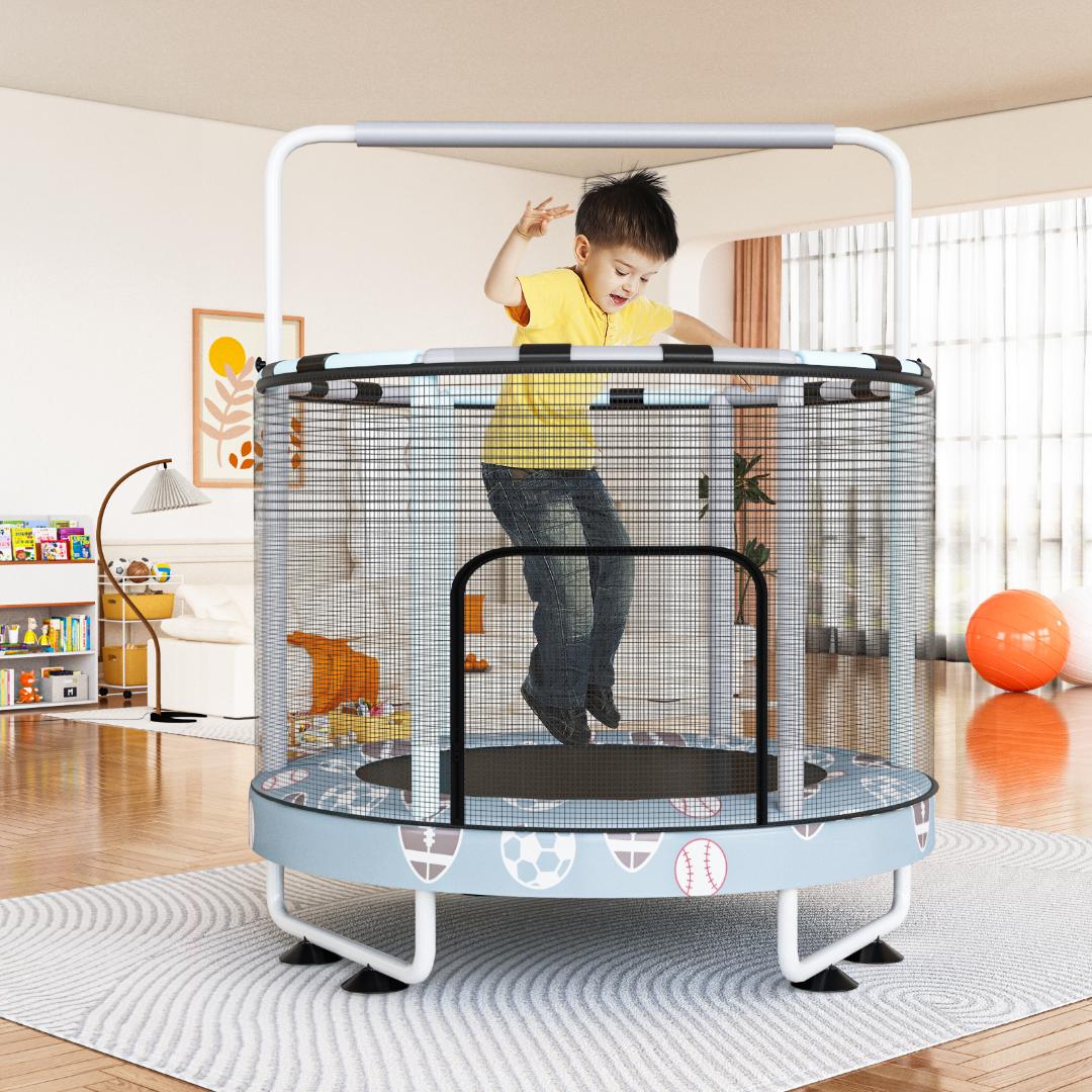 AWQM 55" 7-in-1 Round Trampoline for Kids Boys & Girls Ages 1-8, Indoor & Outdoor Trampoline for Fun, Adjustable Height Handrail ＆ Enclosed Safety Net ＆ Durable Designs for Toddlers Children