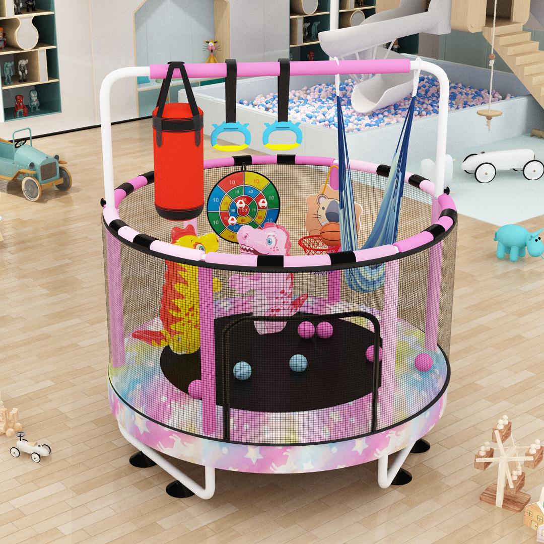 AWQM 55" 7-in-1 Round Trampoline for Kids Boys & Girls Ages 1-8, Indoor & Outdoor Trampoline for Fun, Adjustable Height Handrail ＆ Enclosed Safety Net ＆ Durable Designs for Toddlers Children