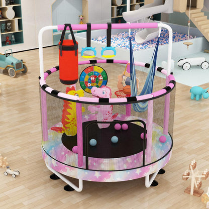 AWQM 55" 7-in-1 Round Trampoline for Kids Boys & Girls Ages 1-8, Indoor & Outdoor Trampoline for Fun, Adjustable Height Handrail ＆ Enclosed Safety Net ＆ Durable Designs for Toddlers Children