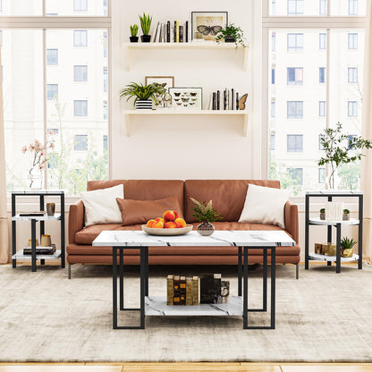 AWQM Faux Marble Table Set,Coffee Table & 2 Side Table, Faux Marble Tabletop and Metal Frame, 3 Piece Table Sets, for Living Room Apartment