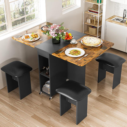 AWQM Folding Dining Table Set for 4, Dinner Table with 4 Leather Chairs and Shelves, Space Saving Foldable Dining Table with 6 Wheels, Kitchen Table Set for Small Spaces