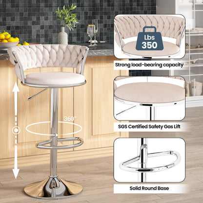 AWQM Velvet Bar Stools Set of 2 - Adjustable Height Swivel Kitchen Stools with Low Back for Dining Room, Breakfast Bar, Home Decor, and Entertaining Guests