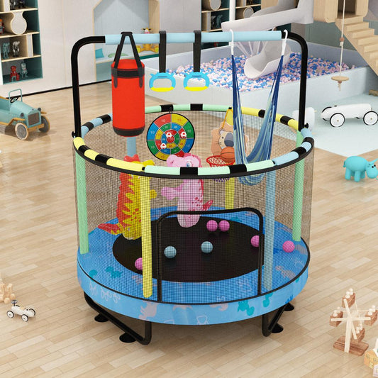AWQM 55" 7-in-1 Round Trampoline for Kids Boys & Girls Ages 1-8, Indoor & Outdoor Trampoline for Fun, Adjustable Height Handrail ＆ Enclosed Safety Net ＆ Durable Designs for Toddlers Children